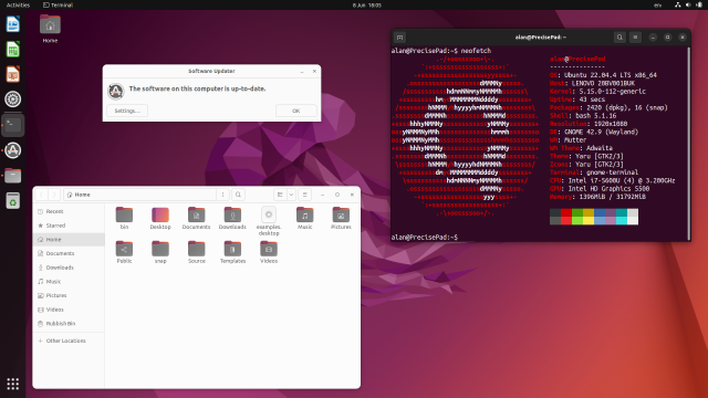 A screenshot of Ubuntu 22.04 with nautilus showing the home directory, and a terminal running neofetch.