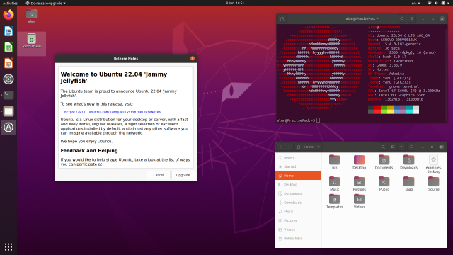 A screenshot of Ubuntu 20.04 with a terminal open showing neofetch, a nautilus window and the popup offering to upgrade to 22.04