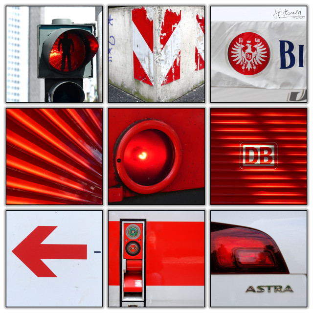Collage of 9 square detail images with the leading colour red.