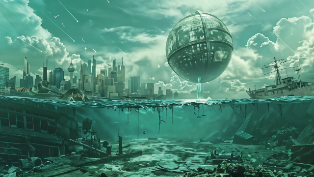 A futuristic cityscape that seamlessly blends with the ocean. Above the waterline, a city with sleek, modern skyscrapers extends towards the sky under a canopy of fluffy clouds. Dominating the skyline is a massive, spherical structure that hovers above the water, connected to the surface by a beam of light.Below the waterline, the scene reveals a stark contrast: a submerged world of sunken buildings and debris, hinting at a past catastrophe. The remnants of a shipwreck and decaying infrastructure create an eerie underwater landscape. The teal hues of the water cast a ghostly glow over the submerged ruins, enhancing the sense of an underwater graveyard.The overall atmosphere of the image is both awe-inspiring and haunting, capturing the duality of progress and decay, with a futuristic city standing above the remnants of a forgotten world. The blend of vibrant and muted tones, along with the detailed depiction of both the above-water and underwater scenes, creates a striking visual narrative.