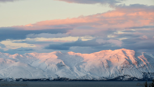 A photo of sunrise colouring the flanks of snow-covered mountains. In the foreground are the still, dark waters of a bay and the sky is pale cyan but with stripes of broken cloud, coloured pink by the dawn. The mountain faces are lit by low sunlight from the left. The scene is peaceful and tranquil.