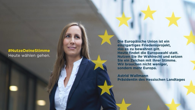 Zitatkachel mit einem Bild der Landtagspräsidentin und Ihrem Wahlaufruf zur Europawahl