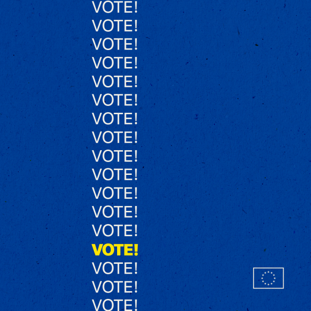 A visual of a blue background with the text ‘VOTE!’ in white running from the top to the bottom of the image. The fourth ‘vote’ from the bottom is yellow and in bold lettering. The EU emblem is in the bottom-right corner