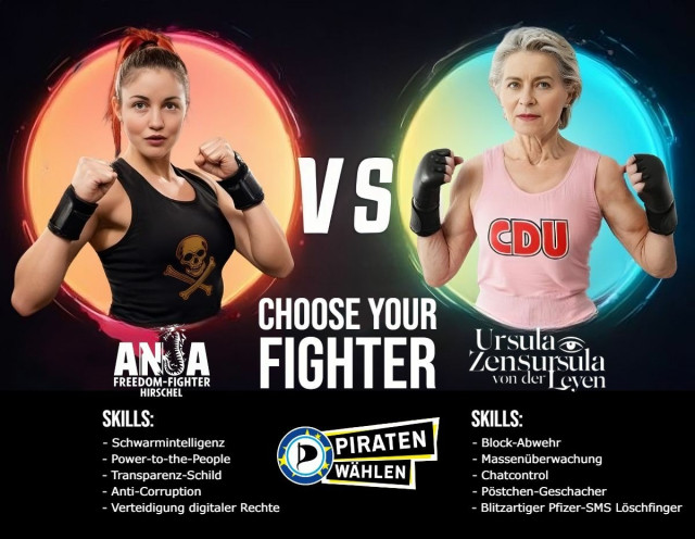 KI-generiertes Bild "Choose your fighter" mit "Anja Freedom Fighter Hirschel" vs. "Ursula Zensursula von der Leyen" als Kämpferinnen und dem Slogan "Piraten wählen"