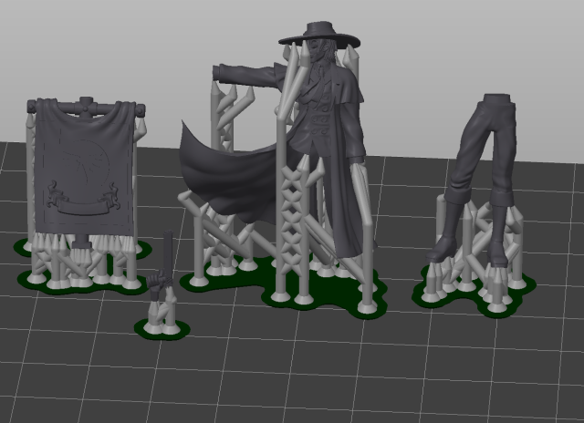 Several models in PrusaSlicer's preview view. One is a banner, and the others are the legs, gun hand, and rest of body of Alucard from Hellsing. The models all have supports on them.
