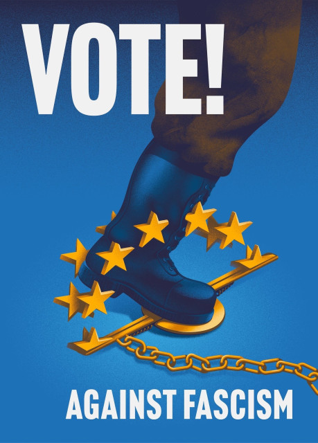 Poster showing the jackboot of a fascist caught in a bear trap made up of the EU stars. Text reads “VOTE! AGAINST FASCISM.”