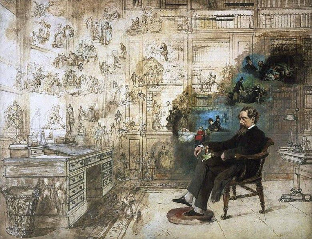 Dickens's Dream by Robert William Buss, portraying Dickens at his desk at Gads Hill Place surrounded by many of his characters.