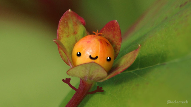 A close up photo of the bud of a St John's Wort flower. It is a tight round ball of orange with 5 green leaves, edged in red, around it above a deep red stem. On the right there is a large leaf, diagonal across the screen, blurring in the foreground. The background is blurred green and deep red. I have drawn a cute smiling face on the bud,  a wee sprout of orange hair on the top, and arms from the stem, waving at you.
