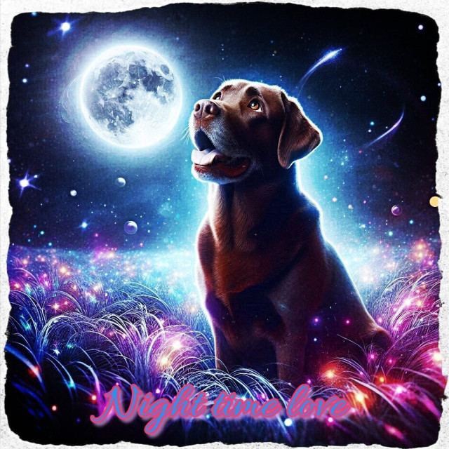 Alt text by AI:
“An image featuring a dog sitting on grass, howling at a full moon in a starry night sky. The scene is illuminated with vibrant colors, predominantly blues and purples, creating a mystical atmosphere. There are glowing orbs and what appears to be luminescent foliage surrounding the dog. The text ‘Nighttime Love’ is visible at the bottom of the image.”