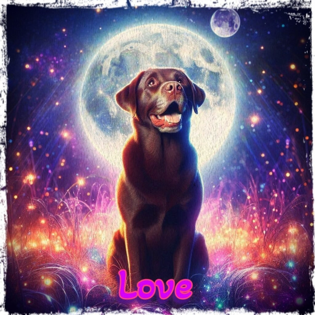Alt text by AI:
“A digitally created image featuring a brown dog sitting with its tongue out, looking upwards with an expression of joy. The background is a vibrant cosmic scene with a large, detailed moon at the center, surrounded by stars and nebulae in hues of purple and pink. The foreground has glowing, colorful flora that adds to the fantastical ambiance. At the top center of the image, in a whimsical font, is the word ‘Love’ highlighted in pink.”