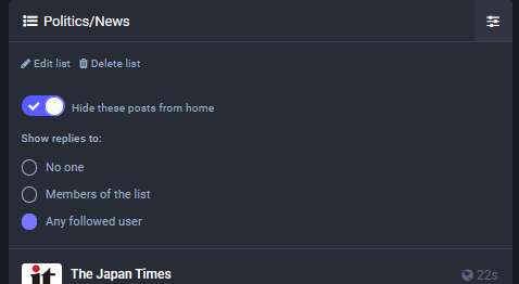 The list settings area showing a toggle set to "Hide these posts from home"