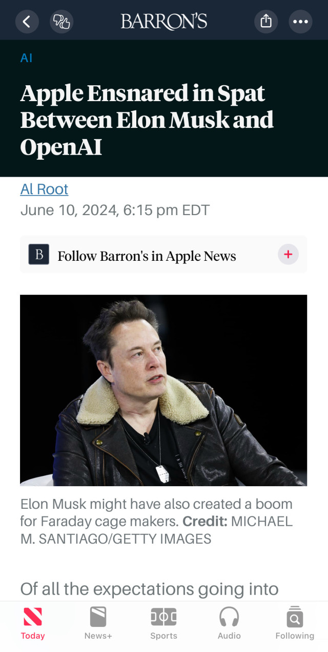Screenshot of Barron’s article in Apple News. Headline reads “Apple Ensnared in Spat Between Elon Musk and
OpenAI”