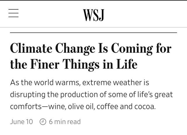 WSJ
Climate Change Is Coming for the Finer Things in Life
As the world warms, extreme weather is disrupting the production of some of life's great comforts-wine, olive oil, coffee and cocoa.