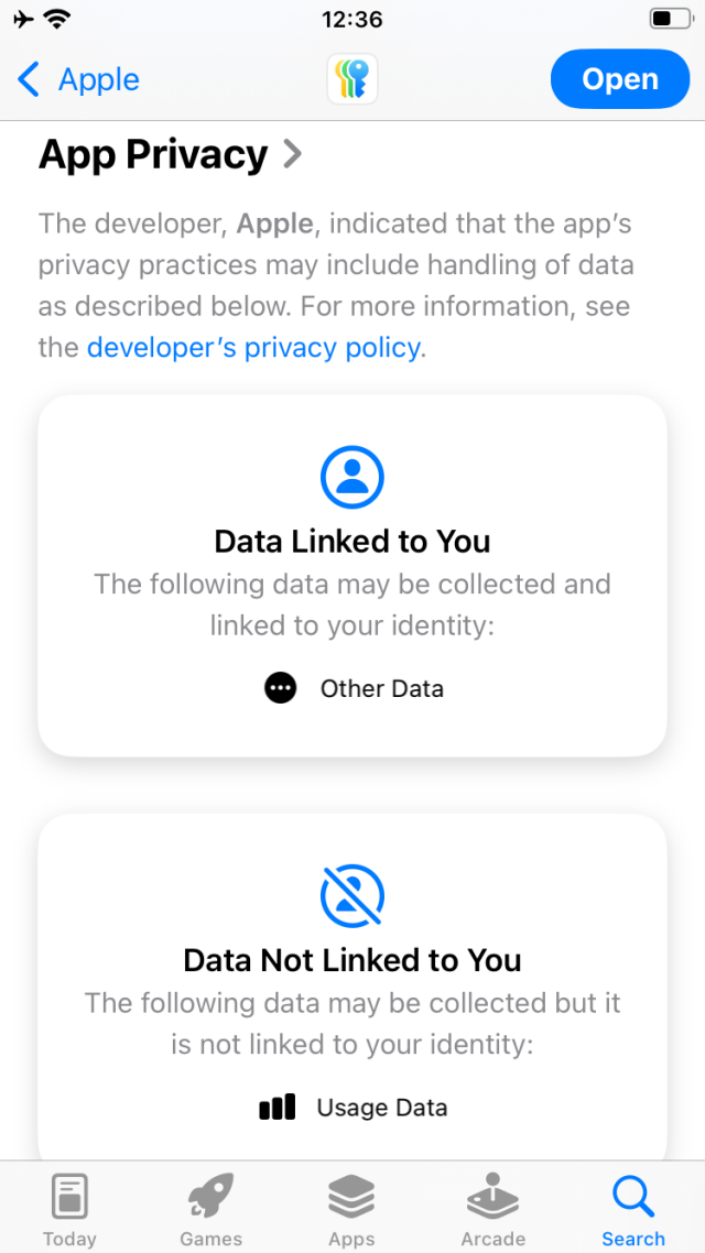 Screenshot of the privacy label of Passwords showing that "other data" is linked to you, and usage data is not linked to you.
