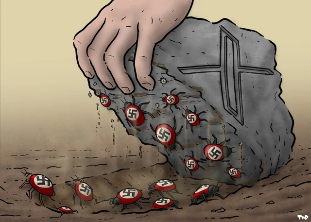 Cartoon showing a hand that is lifting a rock with the logo of X on it. Under the rock, we see a multitude of beetles crawling around with swastikas on their shields.