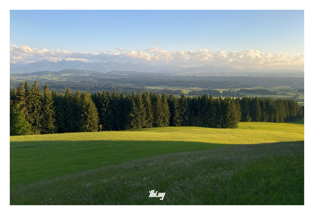 Panoramic view across mountain meadows with lots of flowers, patches of forests and fields in the foot hills of the Alps in the Allgäu region. A scattering of small villages and hamlets here and there. A layer of clouds is hovering close above the mountains in the distance, above that serene clear blue sky. In the foreground, yellow evening light is illuminating a section of the meadow, creating a bright glow and hard contrast with the shadowy areas even closer.