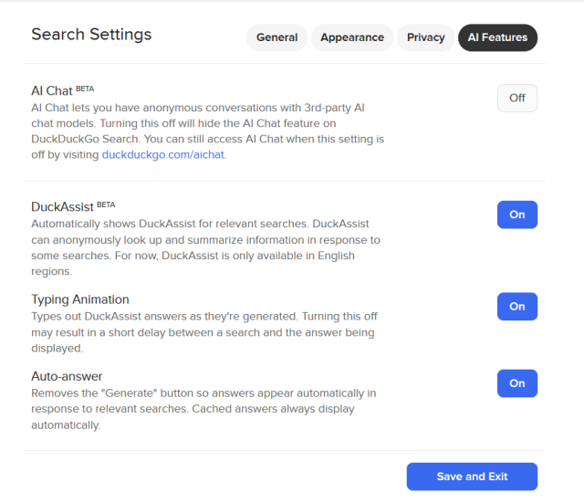 A screenshot of DuckDuckGo homepage, the Search Settings and AI Features are all set in the on position. Text with buttons includes AI Chat, Duck Assist, Typing Animation, Auto-answer