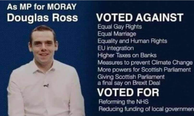 A poster with all the things Douglas Ross has voted for and against.
