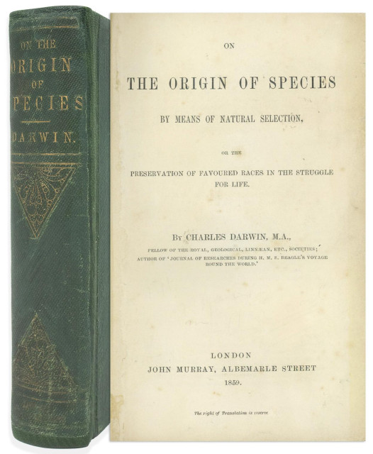 Cover:

"THE ORIGIN
OF SPECIES
BY MEANS OF NATURAL SELECTION,
OR THE
PRESERVATION OF FAVOURED RACES IN THE STRUGGLE
FOR LIFE.

BY CHARLES DARWIN, M.A.

FELLOW OF THE ROYAL, GEOLOGICAL LINNAEAN, ETC., SOCIETIES;
AUTHOR OF *JOURNAL OF RESEARCHES DURING H. M. S. BEAGLE'S VOYAGE
ROUND THE WORLD.


LONDON
JOHN MURRAY, ALBEMARLE STREET
1859.

The right of Translation is reserved"