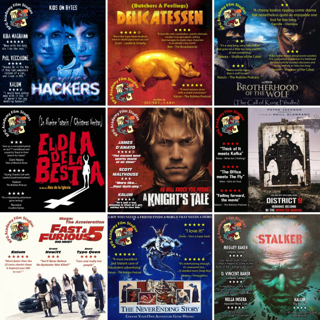 Collage showcasing the covers of 9 episodes of The RPG Academy Film Studies dedicated to:
- Hackers
- Delicatessen
- Brotherhood of the Wolf
- El Día de la Bestia
- A Knight's Tale
- District 9
- Fast & Furious Five
- The NeverEnding Story 
- Stalker 
