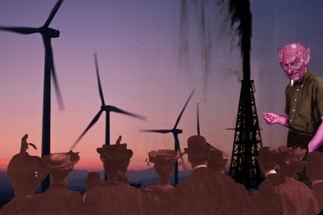 A windfarm at sunset. In the foreground at the bottom are the silhouettes of a Victorian crowd of spectators watching the turbines. On the left of the image is a carmine-skinned Satanic figure dressed in business casual, jerking his thumb at an oilwell that is gushing crude all over the scene.