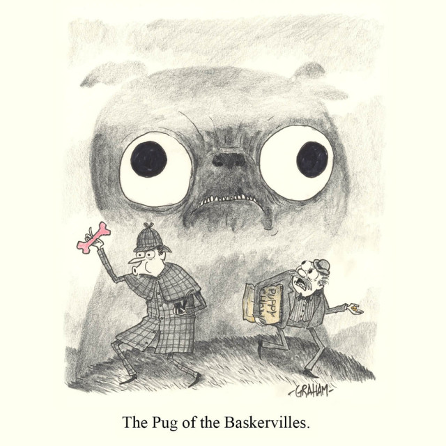 A cartoon illustration of Sherlock Holmes and Watson on the foggy moors looking for the Pug of the Baskervilles (who's looming behind them.)