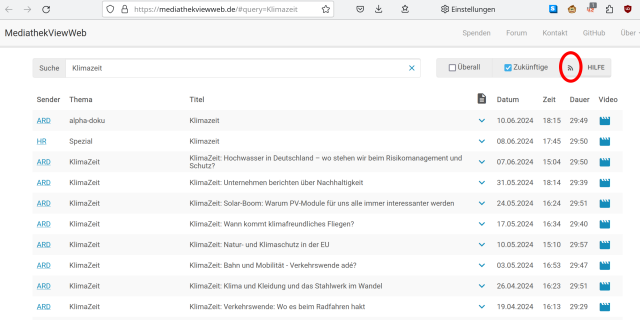 Screenshot aus mediathekviewweb.de mit einer Suche nach "Klimazeit". Der RSS-Link oben rechts ist rot umrandet. 