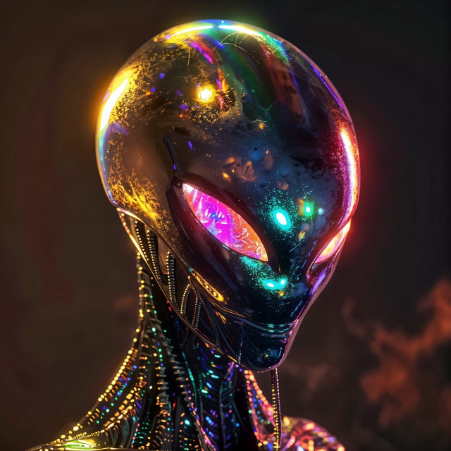 An alien figure with a smooth, reflective head and large, glowing eyes that radiate vibrant colors. The head is adorned with a shimmering array of neon lights in hues of pink, purple, blue, and yellow, creating a mesmerizing effect. The alien’s body is sleek and covered in intricate, luminescent patterns that accentuate its form. The background is dark, providing a stark contrast to the brilliant, multi-colored illumination emanating from the alien. The overall look is futuristic and otherworldly, with a captivating blend of light and shadow.