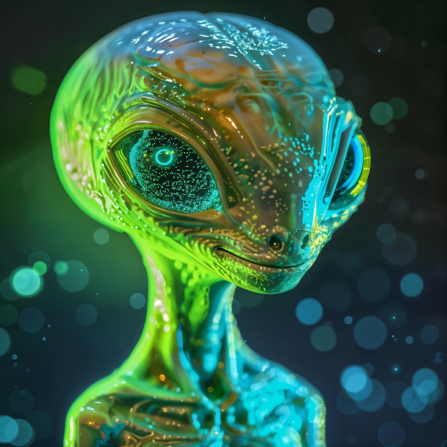 An alien figure with a glossy, translucent appearance. The alien has a large head and prominent, expressive eyes that are filled with intricate, glowing patterns. Its skin is a blend of vibrant green and blue hues, with bright luminescent spots scattered across its surface, giving it a bioluminescent quality. The background features soft, blurred bokeh lights in shades of blue and green, enhancing the otherworldly atmosphere. The alien’s expression is friendly and curious, contributing to the overall impression of a gentle and inquisitive being from another world.