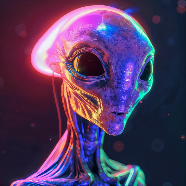 An alien figure with large, dark eyes and a smooth, elongated head. The alien is bathed in vibrant neon colors, with hues of pink, blue, green, and yellow illuminating its features. The light appears to be emanating from the alien itself, creating a glowing effect that highlights the contours of its face and upper body. The background is dark, making the colorful glow stand out even more. The overall appearance is both otherworldly and captivating, with a futuristic and ethereal quality.