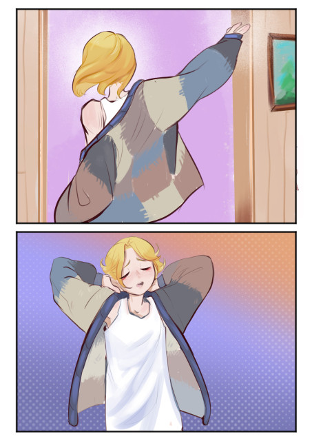 2 frames with the same girl
frame 1: silvia puts on a patchy looking hoodie
frame 2: she yawns