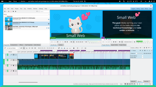 Screenshot of me editing a video in Kdenlive. There’s A frame of kitten with the two hearts emoji titled Small Web and another frame titled Small Web 💕 with the text: “The goal: Make owning your own place on the web require no technical knowledge and take under a minute”

Under those and a bin of three clips, is a timline with two layers of video and one layer of audio and various frame labels in purple (Domian, Connection, Private, a Persional web of place, etc.)