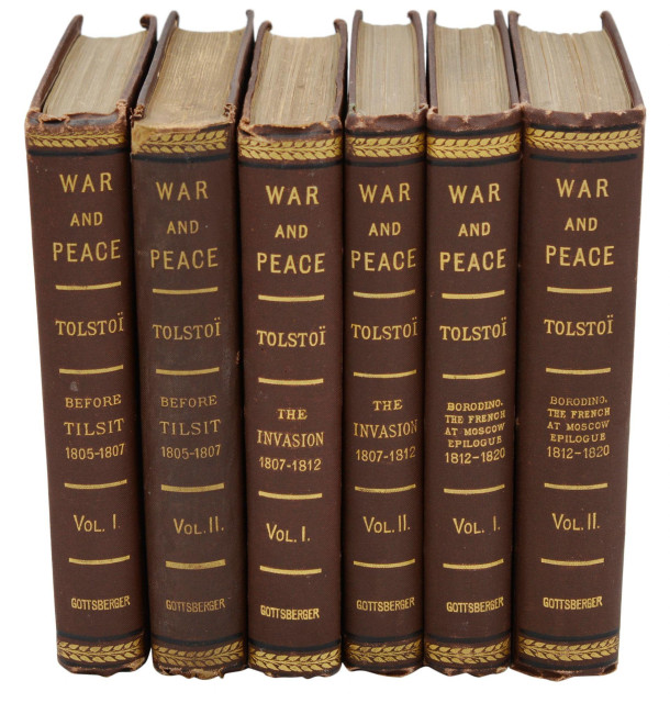 6 volume leather edition of "War And Peace by Leo Tolsoi"

https://www.biblio.com/book/war-peace-tolstoy-tolstoi-leo/d/1253680921