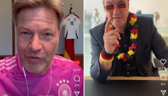 Split-screen image: Man in pink jersey on the left; man in black shirt, floral lei, sunglasses, and wristbands on the right; both speaking to camera. Jerseys hang in background. Social media interface elements are visible.