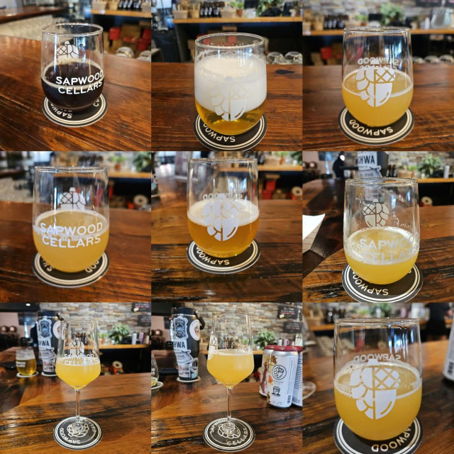 9 images of 9 different beers sitting on a wood bar. 7 beers are served in a stemless glass, while 2 are in stemmed glassware