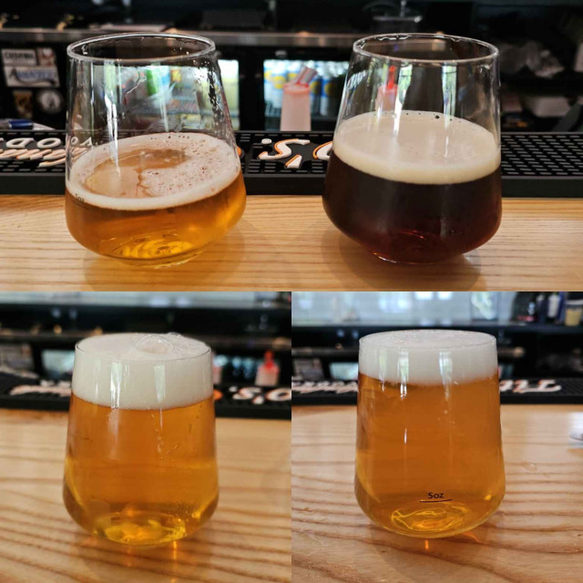 3 images of beer. Top half shows 2 stemless glasses filled with 5 ounces of beer each. 

Bottom half is 2 separate images of stemless glassware filled with beer