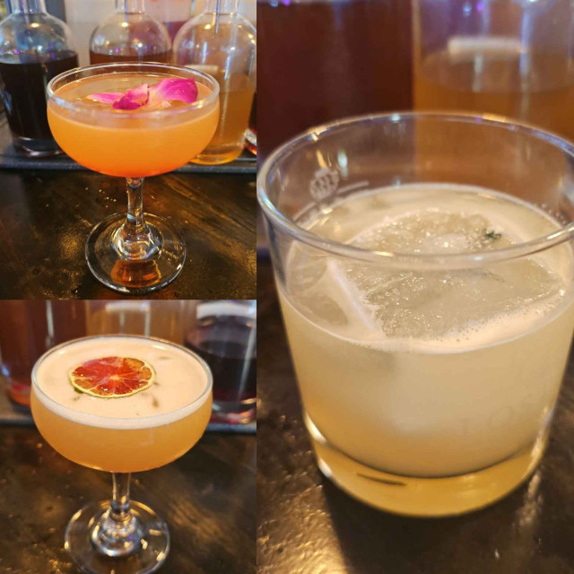 Left half shows 2 cocktails. Top cocktail shows a flower garnish, and bottom cocktail shows a lime garnish with syrup on top. The right half shows a cocktail with a large ice cube