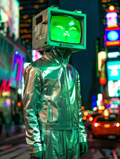 A person standing in a brightly lit urban environment, possibly a cityscape at night, with colorful neon lights and blurred car lights in the background. The individual is wearing a shiny, metallic silver tracksuit that reflects the surrounding lights. The most striking feature is the person's head, which has been replaced with a retro-style computer monitor displaying a green screen with a cute, minimalist cat face, complete with whiskers and a nose. The overall vibe of the image is futuristic and whimsical, blending elements of retro technology with modern fashion in a vibrant city setting.