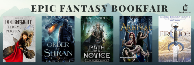 Epic Fantasy Bookfair June 2024 BookFunnel Free Books. 5 of 34 titles shown: DoubleSight, Order of Shiran, Path of a Novice, The Arrival, Fire & Ice: IceFire Triligy Book One. 