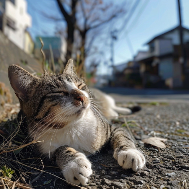 A close-up of a tabby cat lying on the ground in a sunlit street, with its eyes closed and a relaxed expression on its face. The cat has a white chest and paws, with a brown and black striped pattern on its face and body. The background shows a slightly blurred view of a neighborhood with houses and trees, under a clear blue sky.