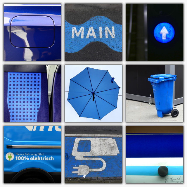 Collage of 9 square detail images with the leading colour blue.