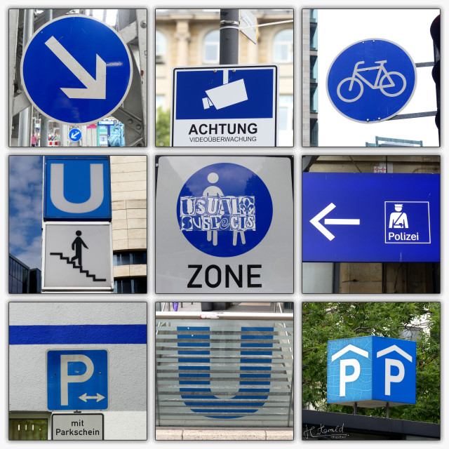 Collage of 9 square images of signs with the leading colour blue.