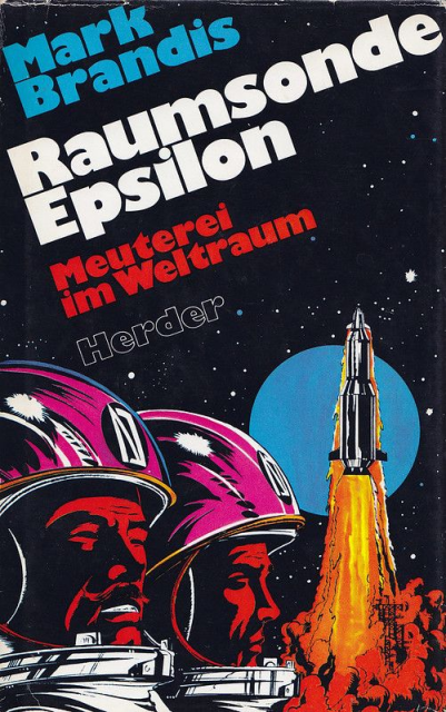 A book cover

Above, author, title and publisher in blue, white, red and black

The background are stars and a blue planet.

In the forground: Two heads in space helmets and a rocket lifting off.