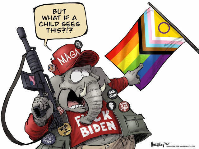 Kevin Necessary's cartoon commmentary on the Republican hysteria about thinking of the children vis-a-vis Pride flags