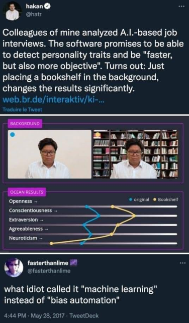 screenshot of tweet showing bias of AI content generator interpreting man with and without bookshelf in the background