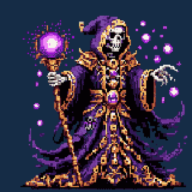 a skeleton in a purple and gold robe with a staff with a purple orb... there are purple blobs of light as if he is casting a spelll.