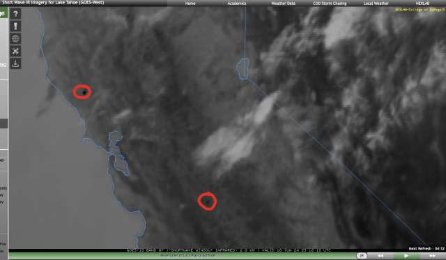 Each red circle depicts a "hotspot" on satellite imagery associated w/an active wildfire as of this post. 