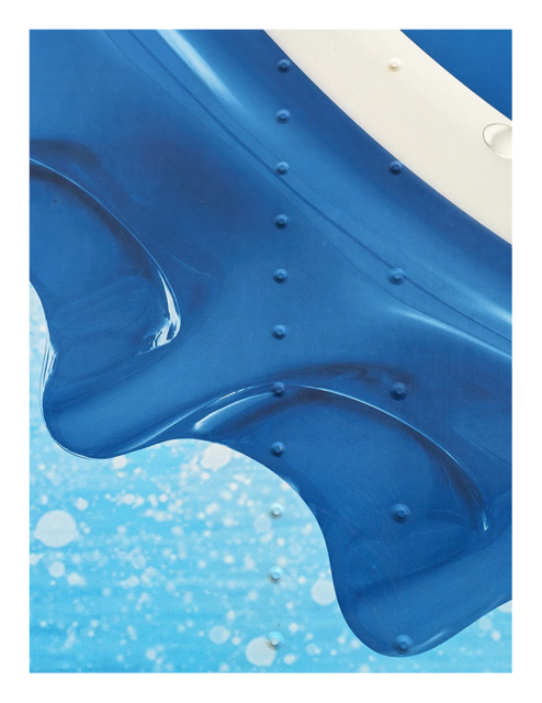 abstract. close-up detail of a vinyl ad for pepsi. the bottom left quarter of a blue, metal-clamp bottle cap with white logo element. the background is white bubbles on a light blue background.