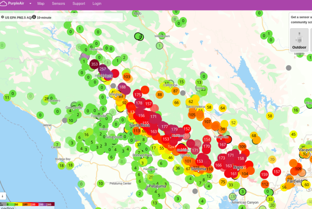 PurpleAir showing lots of very bad air quality areas in Healdsburg all the way to Napa 