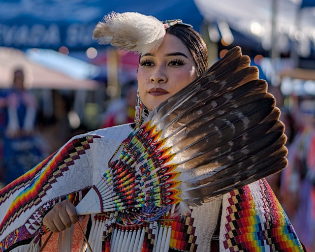 Color portrait photo of a young Native woman at a powwow. She wears fairly heavy makeup. She has black hair with a fluffy white feather that sticks out (forward) from on top of her head. It's a head a shoulders photo and on the left side you can see she wears an elaborate beaded shawl.  It is mostly white but going up her arm toward the shoulder are lines of beads in dark blue, light blue, yellow, orange, red, black, beige, and violet. At the bottom of the photo more elaborate bead work is seen which also includes some straight white bone tubes. In her right hand she holds an extremely elaborate beaded eagle feather fan. The dozen or so feathers are white at the bottom and dark brown in the upper three quarters. The base of the fan is made up of many geometric designs with colorful beads. The fan is held across her chest hiding the left shoulder.